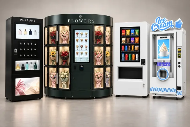Commercial vending machine lineup for perfume, flowers, snacks, drinks, and ice cream